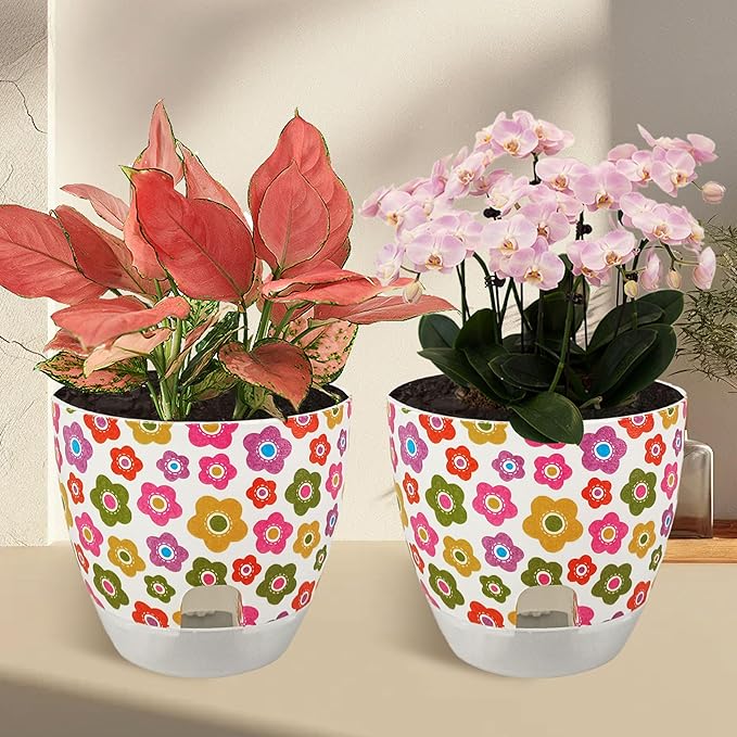 Print Flowerpots Round Plant Pots - 2 Pack Outdoor Garden Planter Plastic Indoor Modern Decorative Succulent Houseplant Pot with Drainage 5FP-COLFLW