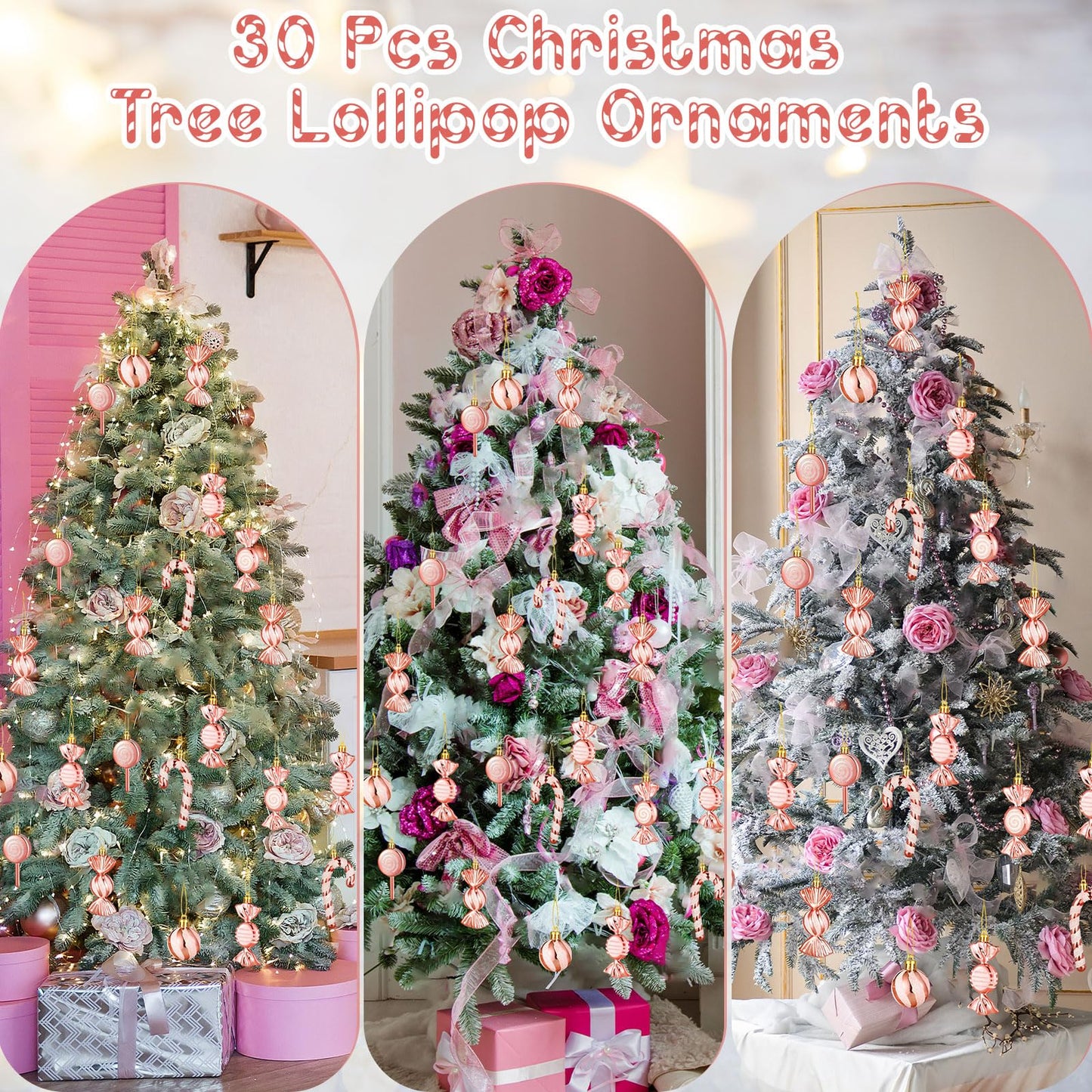 Liliful 30 Pcs Christmas Candy Cane Lollipop Ornaments Set Plastic Holiday Peppermint Candy Home Hanging Ornament Lollipop with Rope for Xmas New Year Party Decor(Rose Gold White)