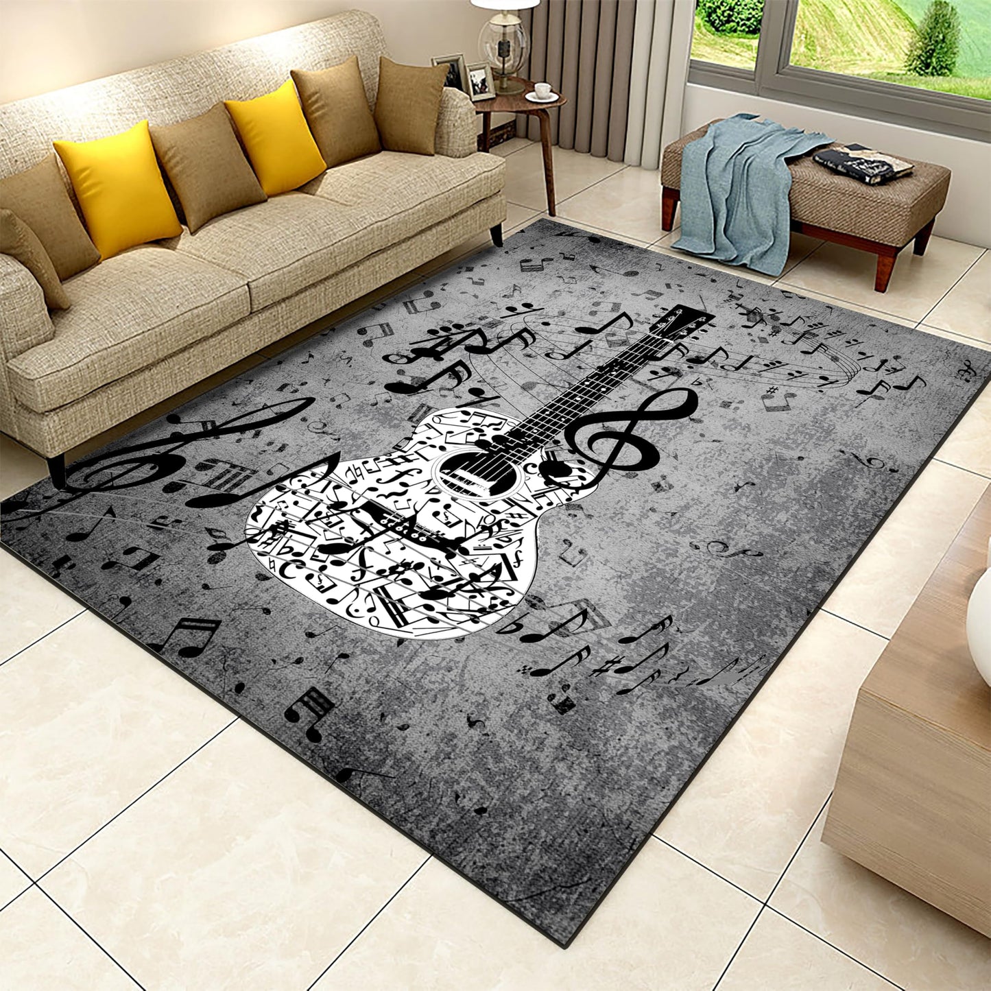 Music Musical Note Area Rug, 4x5ft, Gray Guitar Bass Home Decor Carpet, Soft Durable Fade Resistant Machine Washable Carpets, with Non Slip Backing Non Slip Rugs for Family Living Room
