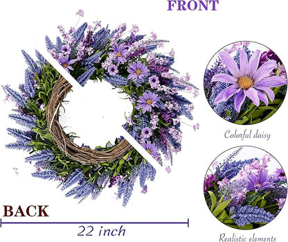 Sggvecsy Lavender Wreath for Front Door 22 Inch - Purple Daisy Spring Summer Artificial Wild Flower Greenery Leaves for All Seasons - Farmhouse Home Wall Indoor Outdoor Window Decor