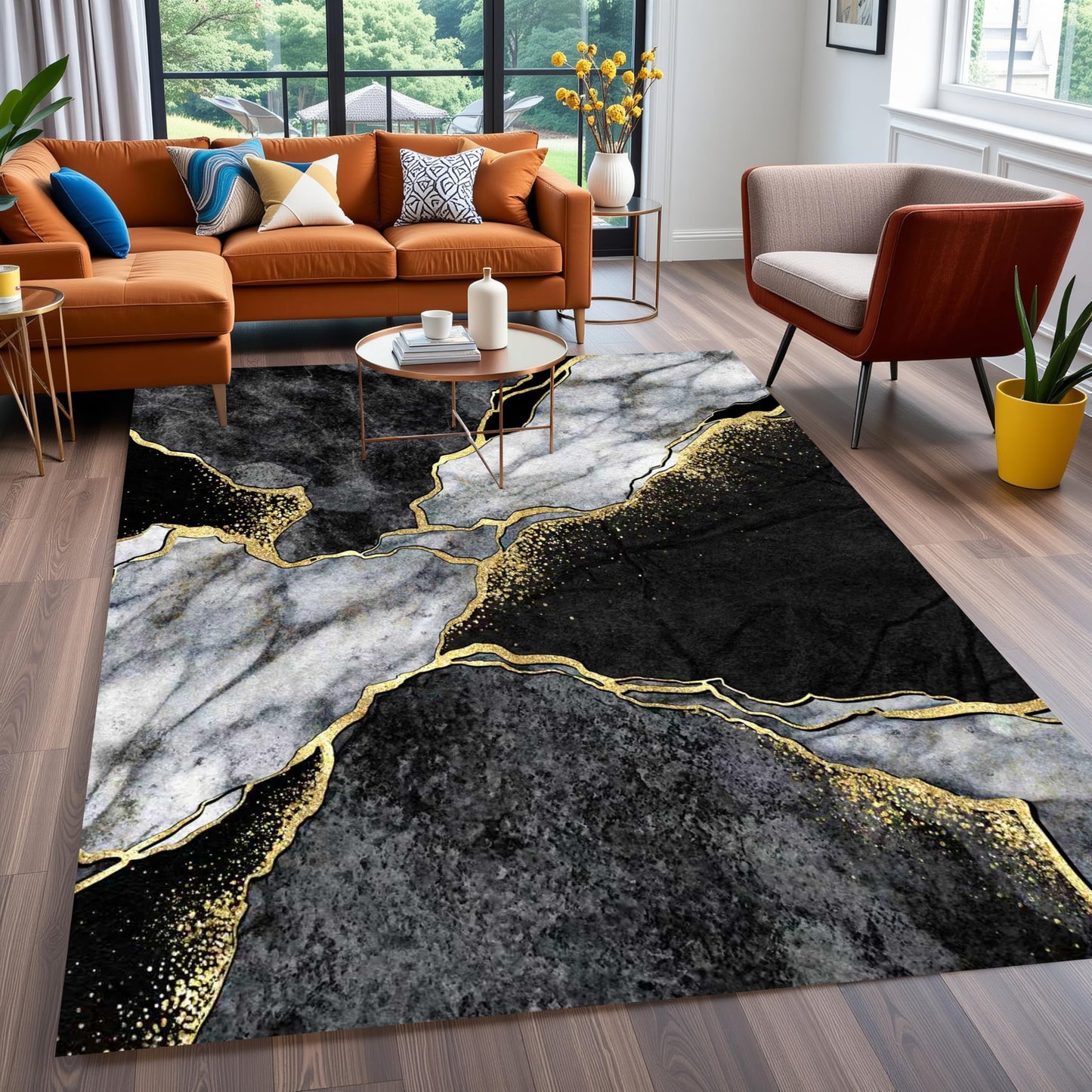 Modern Aesthetic Grey Black Gold Marble Abstract Area Rug 5x7 Non-Shedding Soft Rug for Livingroom Bedroom Diningroom Indoor Office Kitchen Floor Carpet