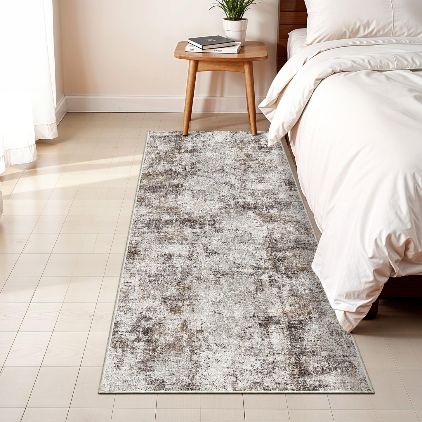 2x5 Washable Runner Rug for Hallway: Non Slip Entryway Runners Rugs Easy-to-Clean - Soft Living Room Bedroom Carpet - Thin Low Pile Floor Mat - Pinkish Beige Brown