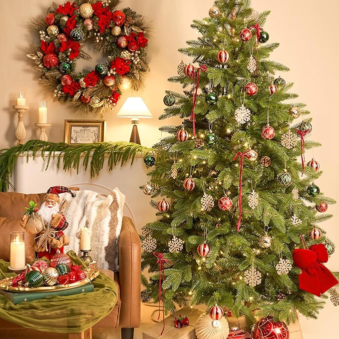 JORNOY Christmas Balls Ornaments, 30ct Shatterproof Xmas Tree Decorations, Hanging Bulbs Baubles Set with String for Holiday Home Party Decor, 2.36 inch/60mm, Red & Green & Gold