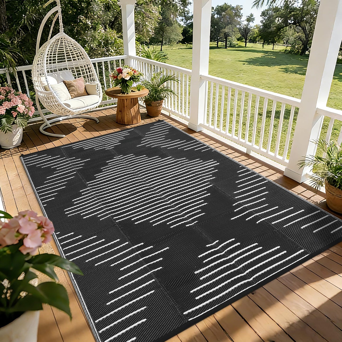 Garvee Waterproof Outdoor Rug 5x8 Rug Plastic Reversible Area Rugs Indoor Outdoor Carpet for Patio RV Porch Balcony Backyard Picnic Black White