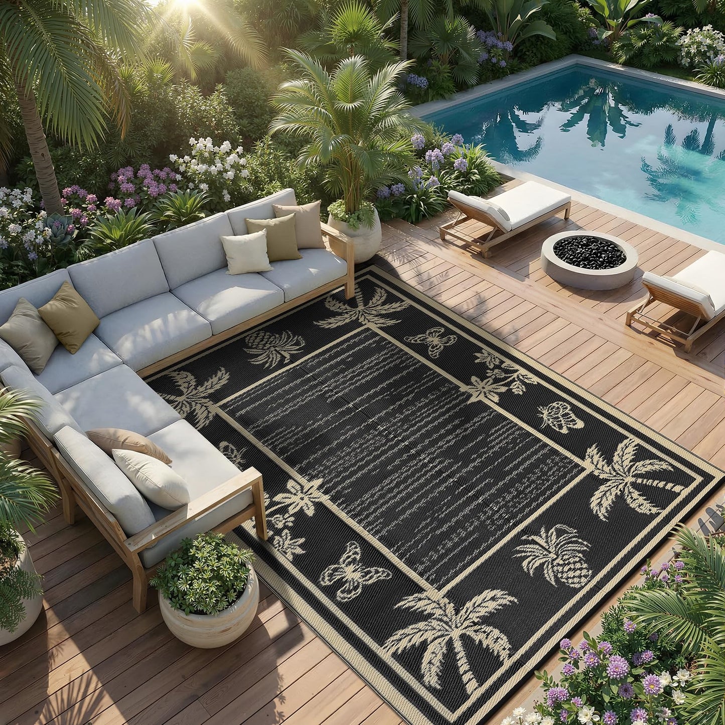 Garvee Outdoor Rug 5x8 Waterproof for Patios, Reversible Plastic Straw Rug, Tropical Leaf Indoor Outdoor Rugs, Large Area Rug for RV, Camping, Deck, Picnic Mat, Outside Carpet, Black & Brown