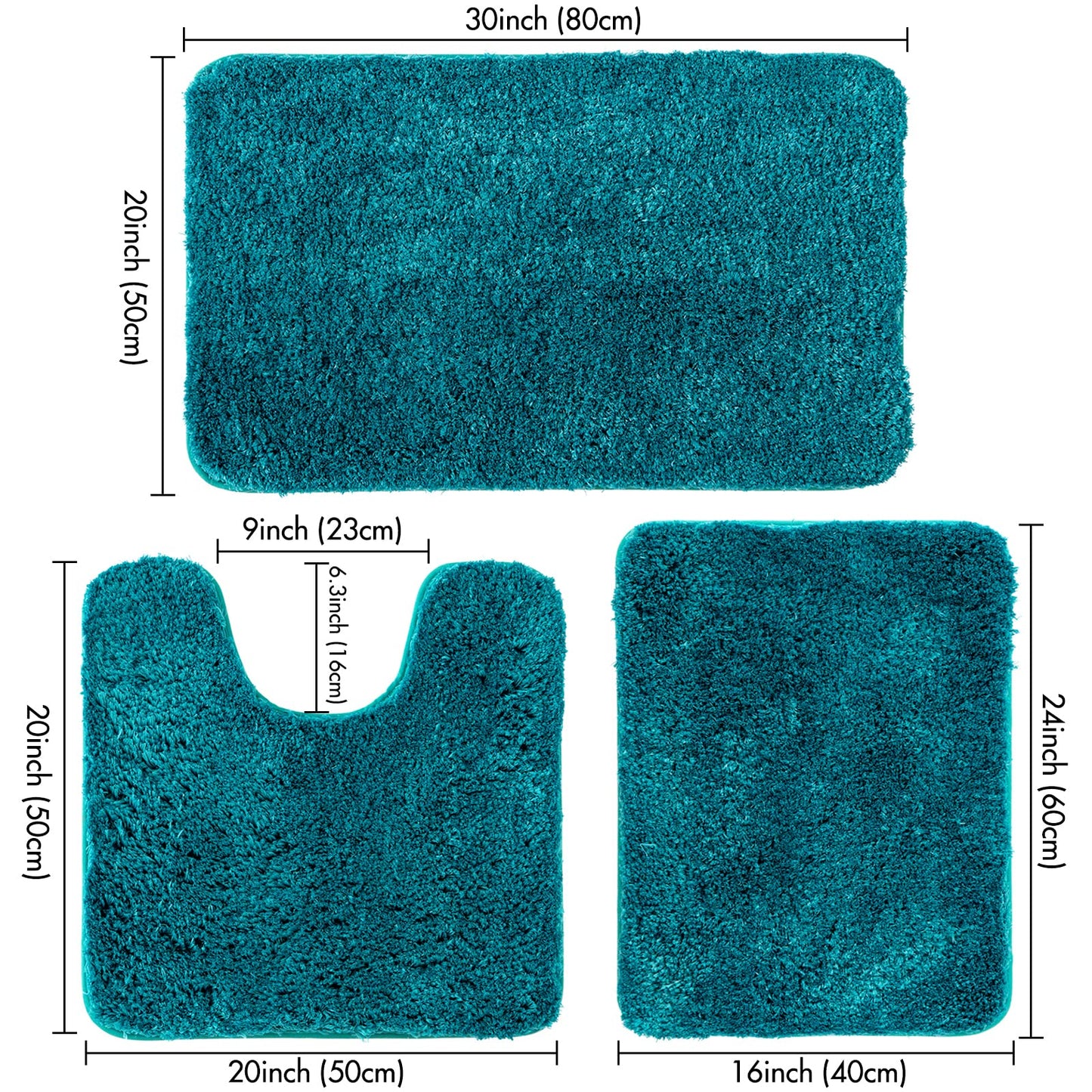MIULEE 3 Pieces Bathroom Rugs and mats Sets Extra Thick Non Slip Microfiber Bath Mats and U-Shaped Contour Toilet Rug for Bath Room Floor Restroom,20"x30"+16"x24"+20"x20", Teal