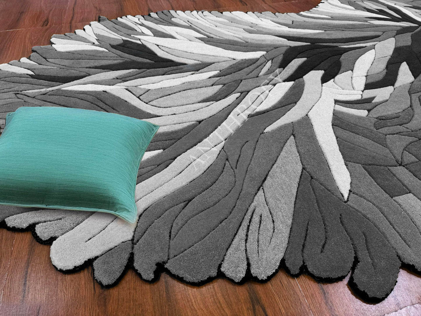 Anthrofy Irregular Shape Wool Area Rug – 10’ x 14' – Grey Color Handmade Unique Contemporary Botanical Design – Thick & Soft Rugs for Living Room, Bedroom
