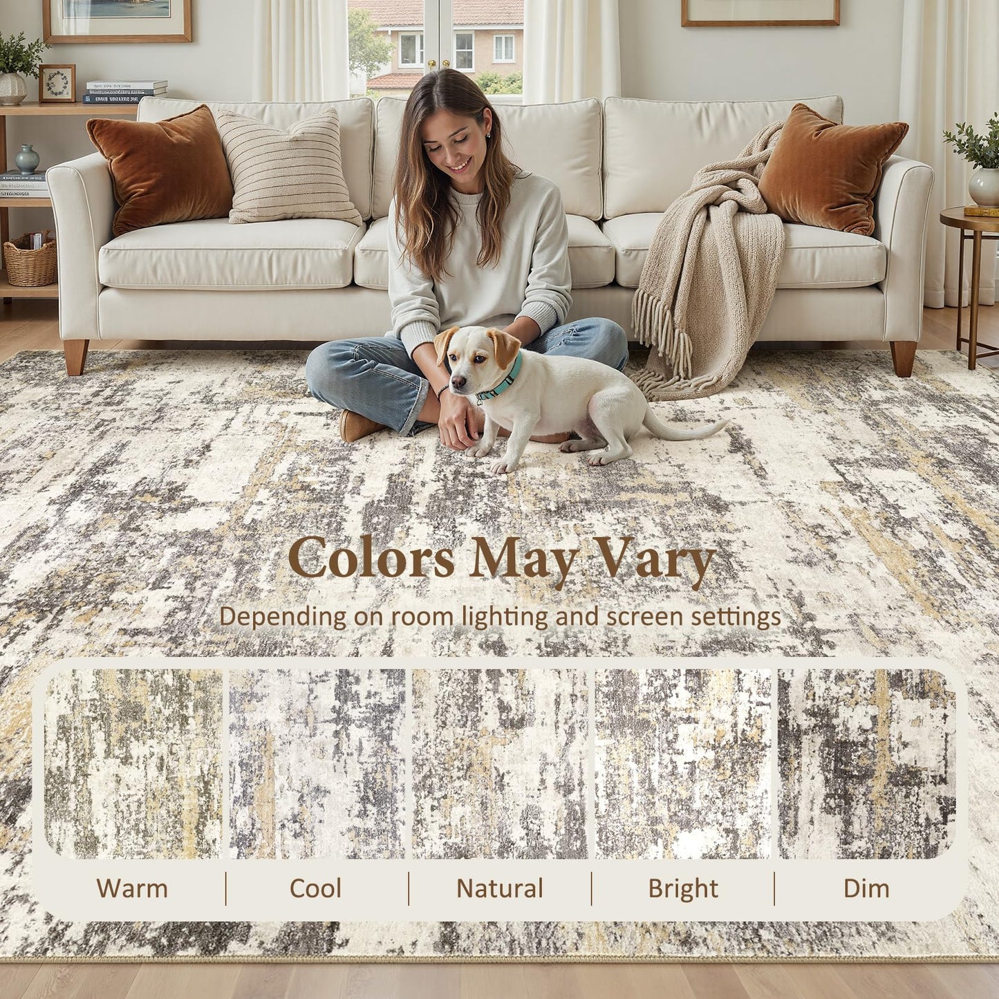 Area Rugs for Living Room: 5x7 Abstract Washable Rug Modern Neutral Large Soft Stain Resistant Non-Slip Backing Machine Table for Bedroom Dining Room Indoor Home Office Carpet - Gold Brown