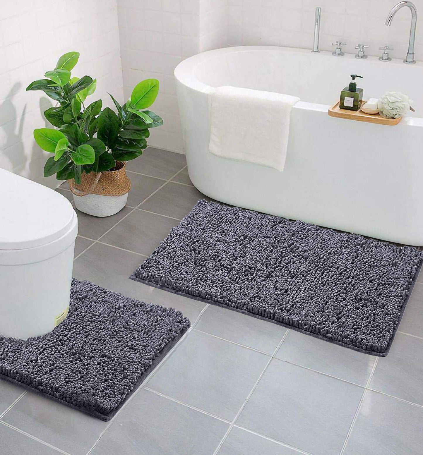 LuxUrux Bathroom Mats 2 Piece Set, Bathroom Rug Set, Soft Absorbent Chenille Bath Mat & Contour Toilet Rug, Non Slip, Quick Dry, Machine Washable Shaggy Bathroom Mats (Gray, 20"x30"+20"x20" U-Shaped)