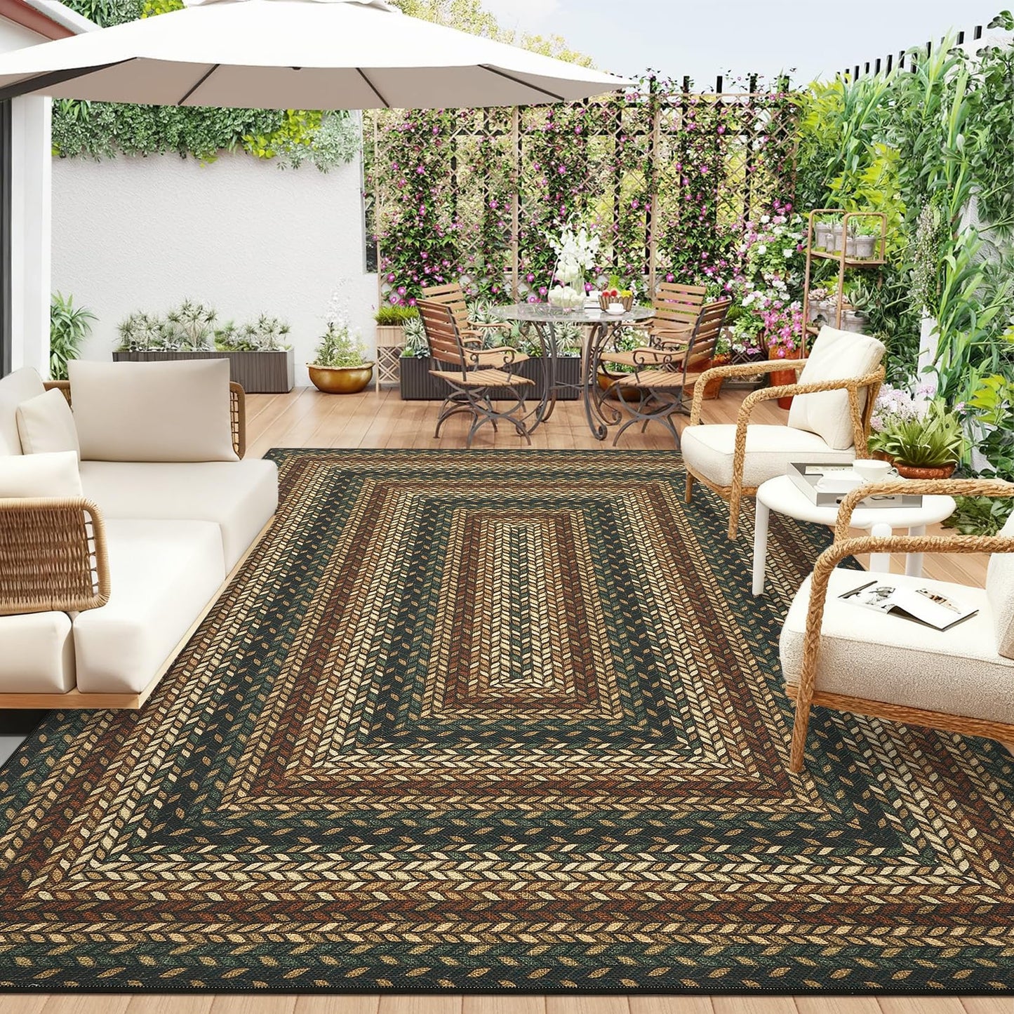 8x10 Washable Living Room Area Rug Non Slip Braided Outdoor Patio Rugs Low Pile Stain Resistant Dining Room Throw Carpet Indoor Outdoor Modern Bordered Area Rugs for Home Decor, Rust/Black