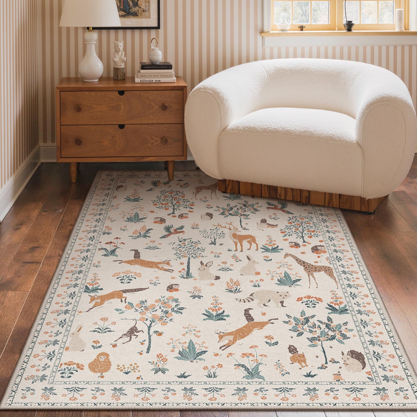 BESBLEE Washable Rugs 3x5, Soft Animal Print Ultra-Thin Low Pile Carpet, Non-Slip Stain Resistant Floral Pet Friendly Woodland Jungle Rug for Playroom Living Room Bedroom Entryway, Beige