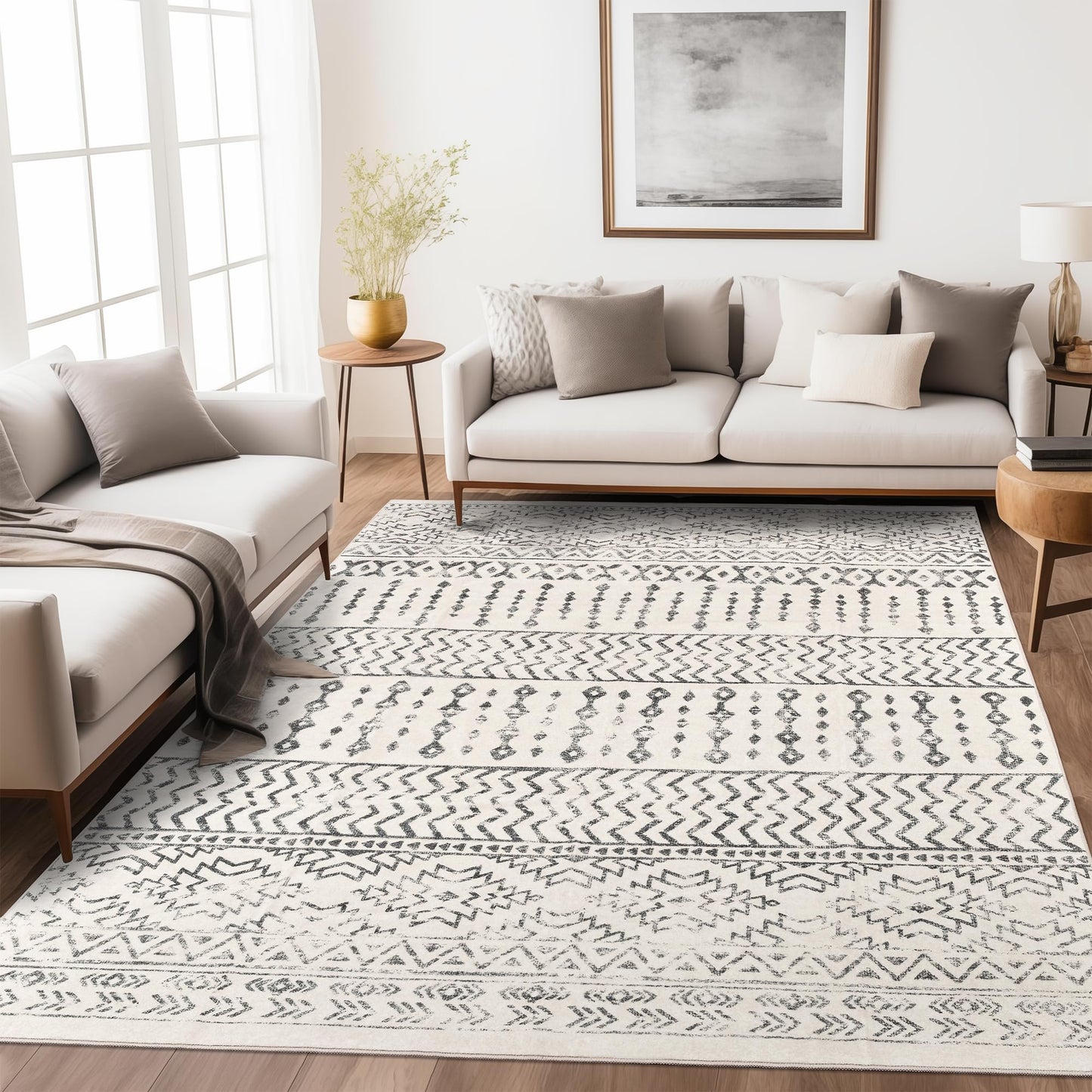 Art&Tuft Area Rug 5x7, Super Soft Ultra-Thin Moroccan Washable Rugs 5x7, Anti-Slip Backing Rugs for Living Room, Foldable Geometric Machine Washable Area Rug(5'x7', Ivory)