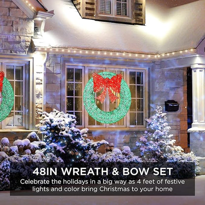 Best Choice Products 48in Pre-Lit Outdoor Christmas Wreath Decoration, LED Metal Holiday Decor for Home w/ 140 Lights, Bow - Green/Red