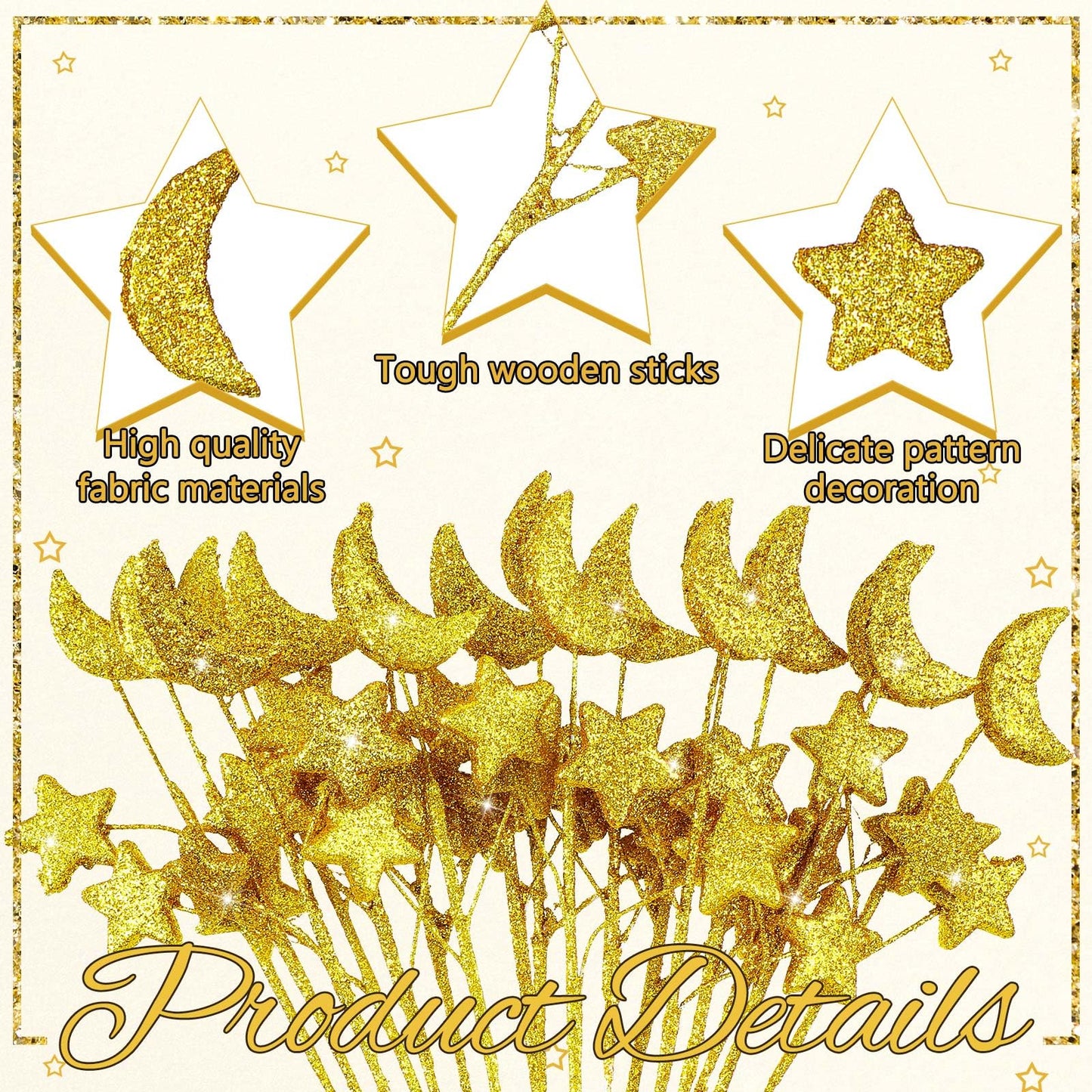 Wavwavw 24 Pcs Moon Star Floral Picks Gold Moon Star Stem Vase Filler Baby Shower Decor Glitter Twinkle Stem Table Decoration for Table Centerpiece Home Living Room Wedding Birthday Party, 12.2 Inch