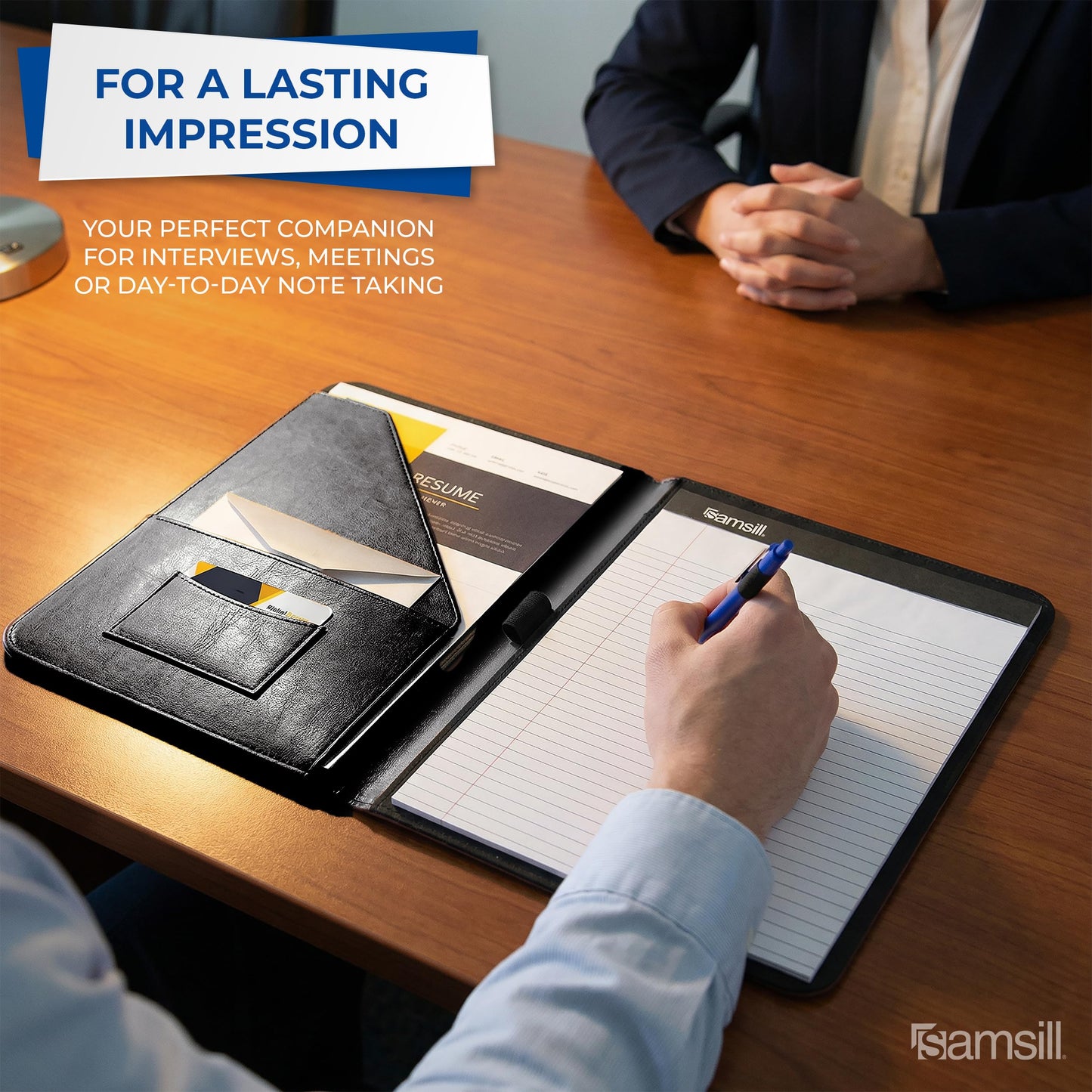 Samsill Contrast Stitch Faux-Leather Padfolio, Business Portfolio for Men and Women, Resume Document Organizer with 8.5 x 11 Inch Writing Pad, Black