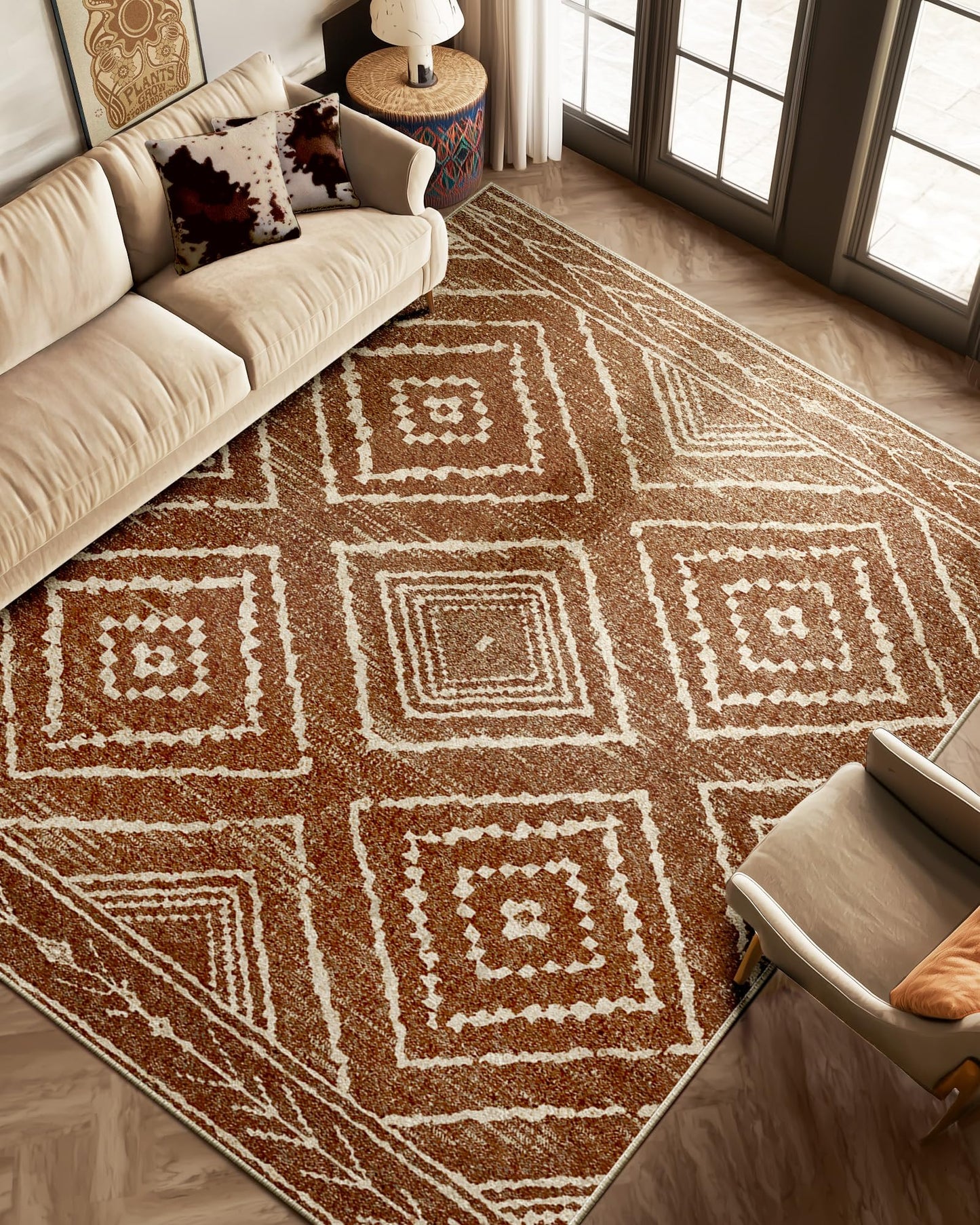BESTSWEETIE Area Rug 8x10 Rug Machine Washable Non-Slip Low Pile Print Pattern Western Rug for Living Room Bedroom Entryway Tribal Series -Yellowbrown/Cream
