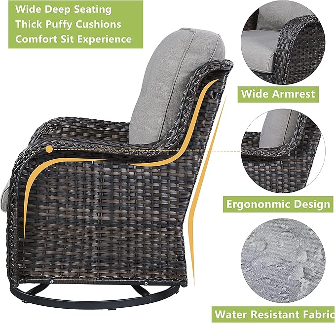 Rilyson Wicker Patio Furniture Set - 7 PC Rattan Outdoor Sectional Conversation Sets with 4 Swivel Rocking Chairs,2 Ottomans and 1 Sofa for Porch Deck Garden(Brown/Grey)