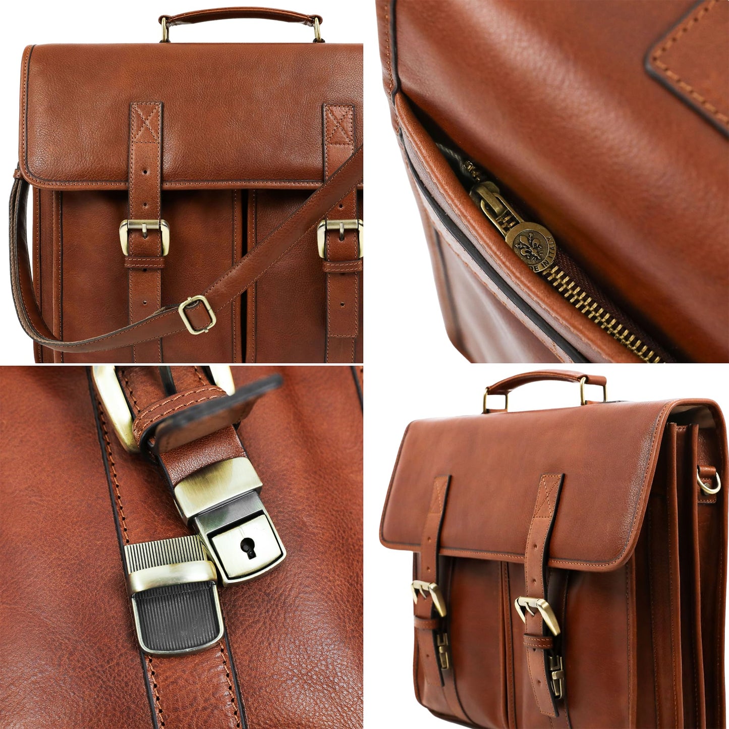 Time Resistance Leather Briefcase for Men - Handcrafted in Italy Full Grain Messenger Bag - Laptop Bag (Cognac Brown)
