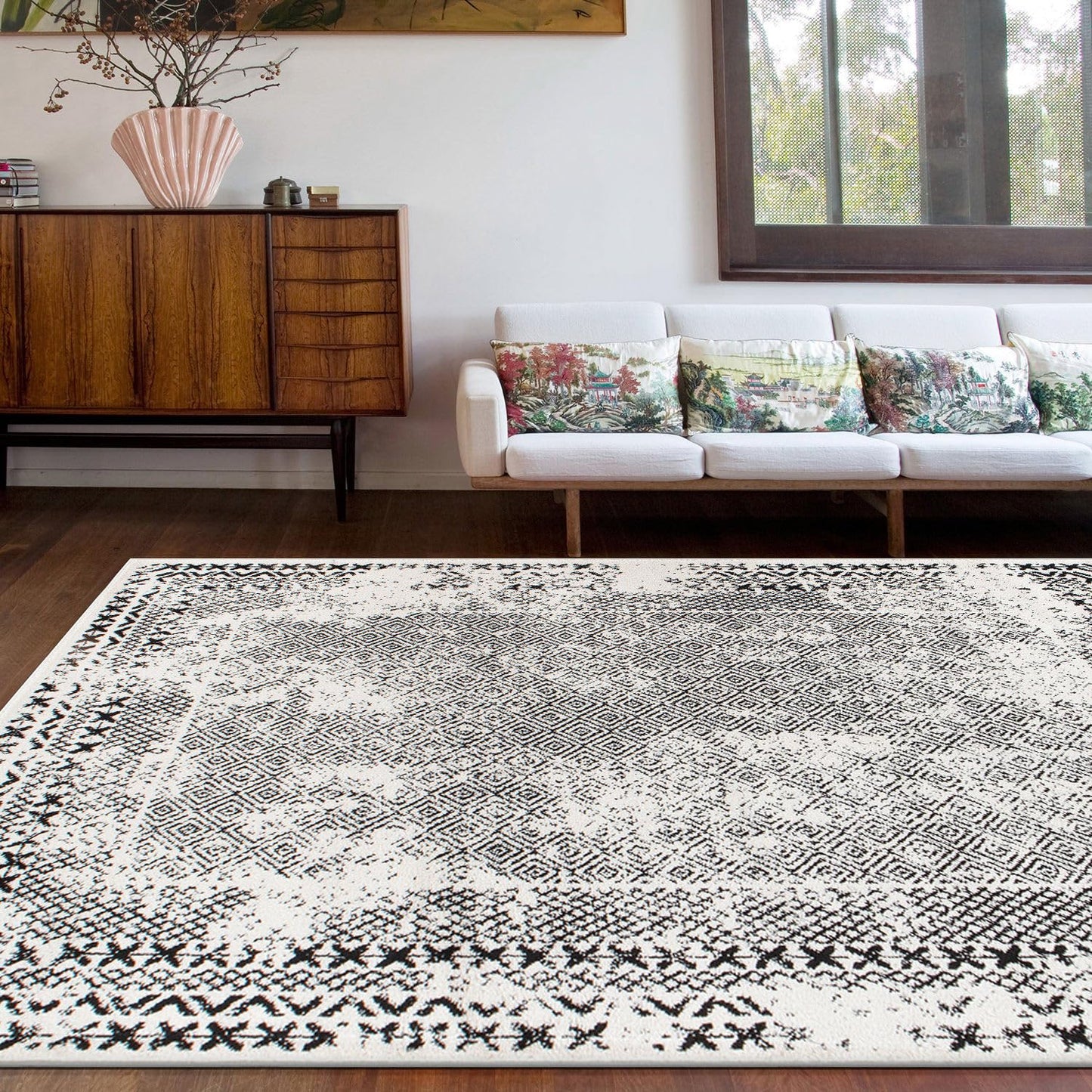 Rugshop Bohemian Distressed Border Stain Resistant High Traffic Living Room Kitchen Bedroom Dining Home Office Area Rug 7'10 x 10' Black
