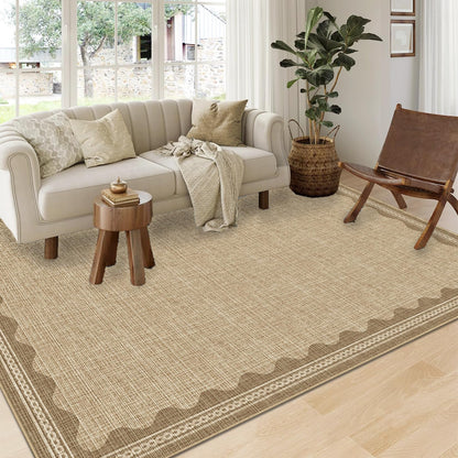 CAREMEE Scalloped Washable Area Rug, 6' x 9' Rectangular, Beige, Non Slip, Machine Washable, Indoor, Low Pile, Polyester, Solid, Tufted, Foldable, Stain Resistant, Shed Resistant