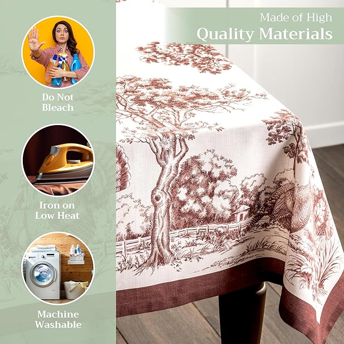 Maison d' Hermine Table Cloth Rectangle Table 100% Cotton 70 x 120 Inches Fall Tablecloth Reusable Everyday Use for Thanksgiving Christmas Decorations Dining Farmhouse Party (Holy Jouy - Brown)