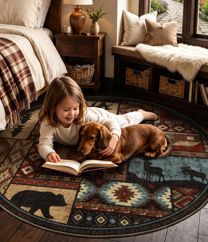 YIHOUSE Rustic Round Rug 4ft, Washable Circle Rug with Non-Slip Backing, Low Pile Soft Western Cabin Rugs for Living Room, Bedroom