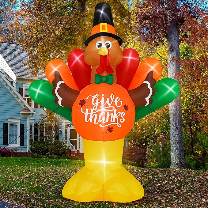 14FT Thanksgiving Inflatables Turkey, Giant Blow Up Turkey with Colorful Tail, Lighted Thanksgiving Outdoor Decorations Give Thanks Turkey Pumpkin for Fall Autumn Harvest Holiday Yard Decor