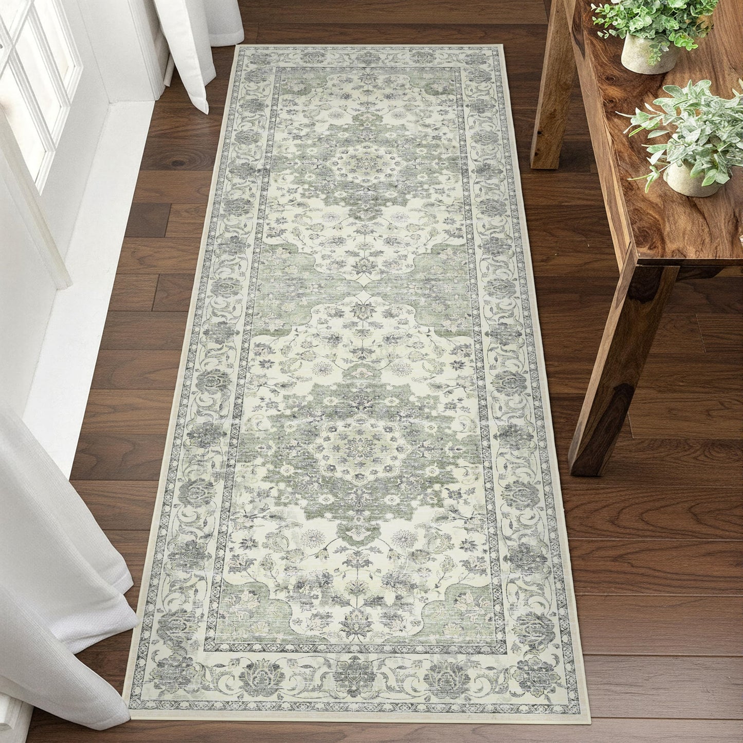 EiniHliw Sage Green Washable Hallway Runner Rug - 2x6 Kitchen Rug Distressed Low Pile Mats Non Slip Soft Rugs for Dining Room with Rubber Backing Bedroom Runner with Vintage Design (Green 2x6)