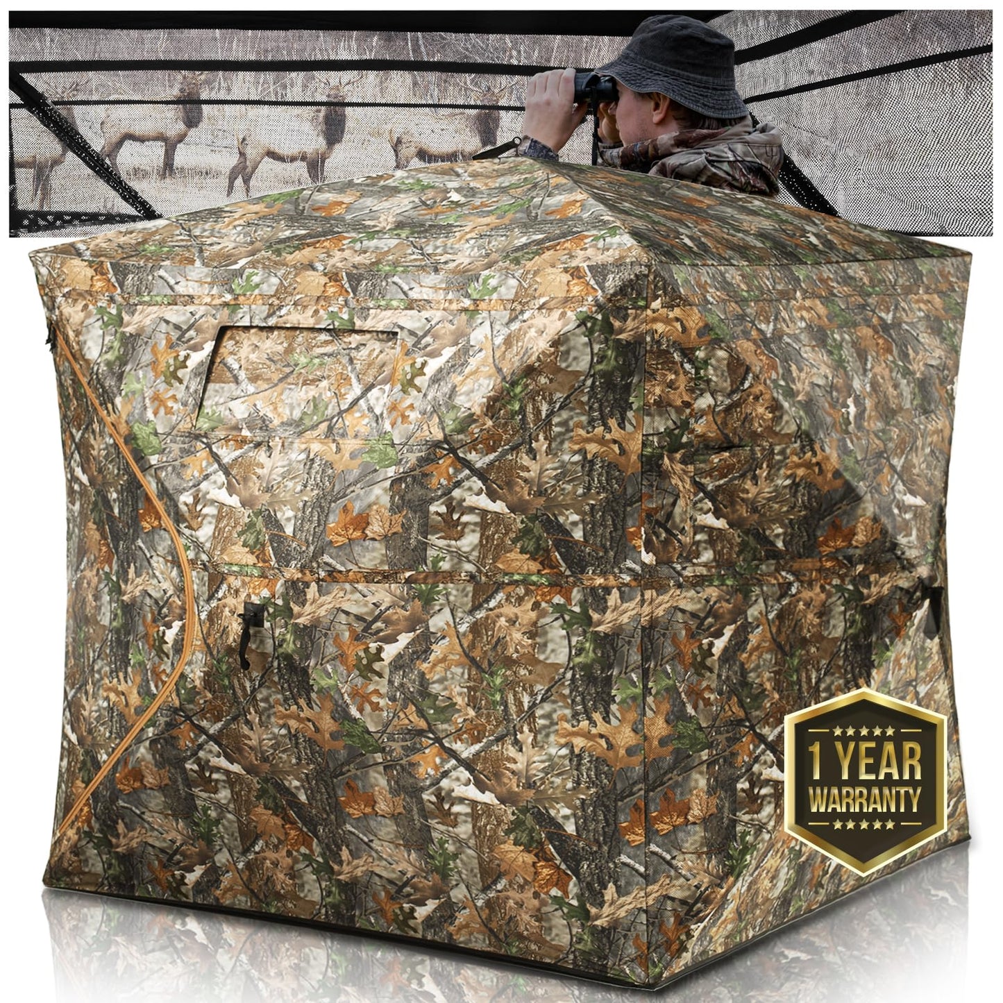 HUNTSEN Hunting Blind 270° See Through 3-4 Person Ground Blind Pop Up Deer Blind for Hunting with Carring Bag - Portable Durable Blind for Turkey and Deer Tent