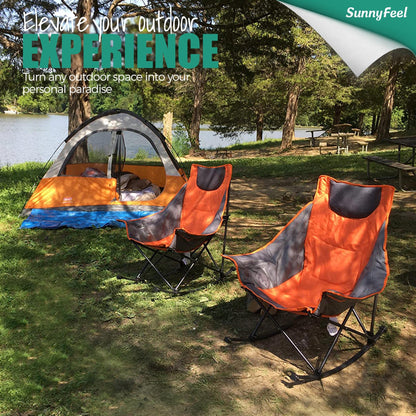 SUNNYFEEL Oversized Heated Camping Chair, Folding Rocking Camping Chairs with Luxury Padded Recliner,Carry Bag, 300 LBS Heavy Duty for Lawn/Outdoor/Picnic/Patio, Portable Rocker Camp Chair