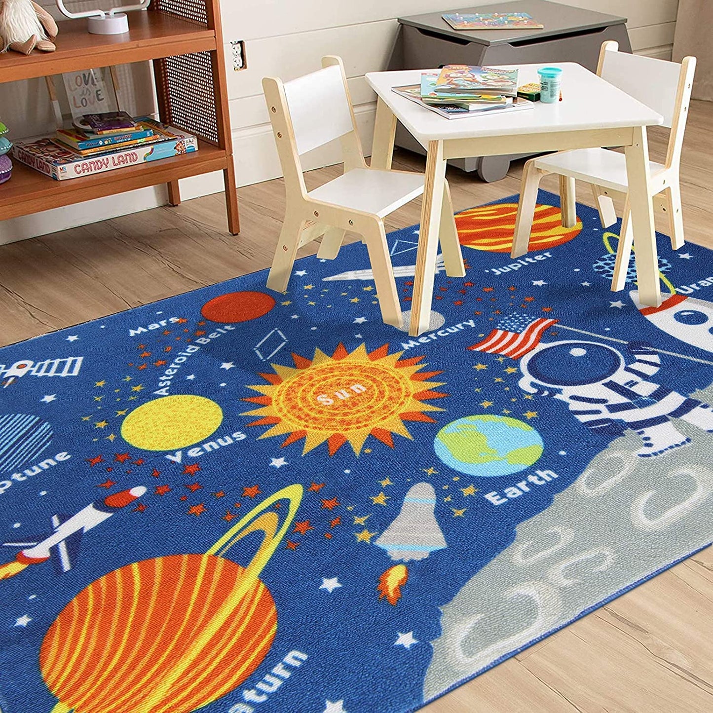 HUAHOO Kids Rug Educational Learning Carpet Galaxy Planets Stars Blue Children's Fun Area Rug Nursery Rugs Solar System Rectangle Rug (Stars, 32"x47")