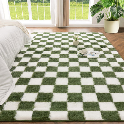 Andency 5x7 Ft Green and White Area Rug for Living Room Classic Checkered Shaggy Rug Non-Slip High Pile Soft Fluffy Rug Fuzzy Carpet Bedroom Kids Toddler Room Nursery Playroom, Cute Dorm Home Decor