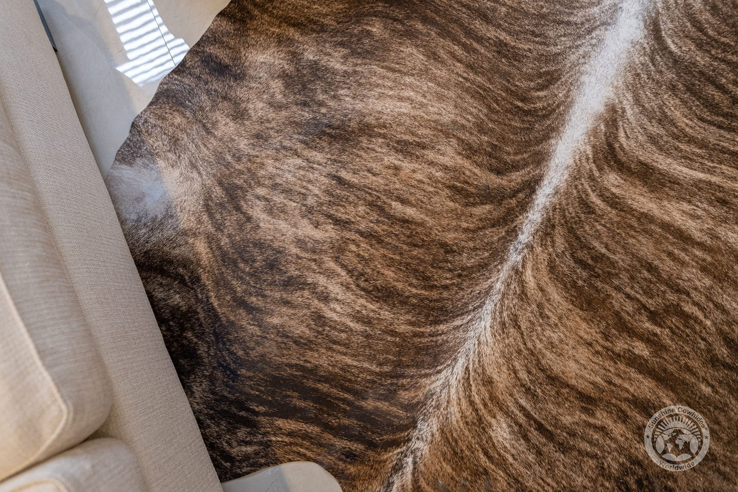Sunshine Cowhides 100% Genuine Brindle Cowhide Rug - Modern Style Animal Skin Rug & Floor Carpet for Living Room, Bedroom, Kitchen & More - Extra Large (6x7-8 Ft.)
