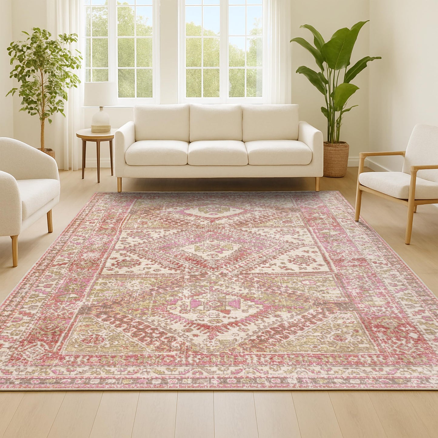 JONATHAN Y Darija Ornate Geometric Medallion Pink Indoor Area Rug, 4x6, Transitional, Traditional, Easy-Cleaning for Living Room, Bedroom, Kitchen, Pet Friendly, Non-Shedding (MDP308B-4)