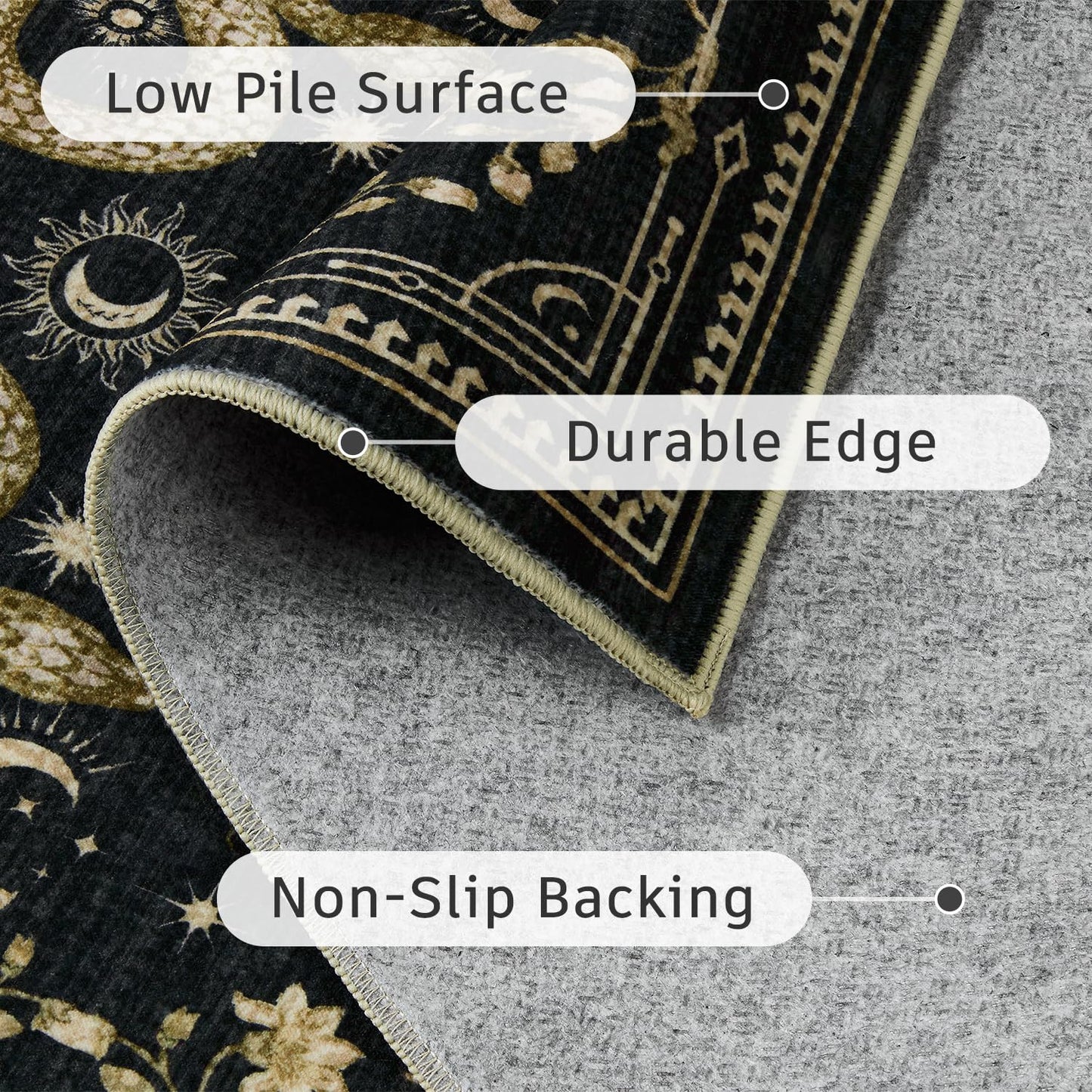 DCX Washable 5x7 Snake Rug, Black Gothic Rug for Living Room, Soft Low Pile Carpet, Kid & Pet Friendly with Rubber Back Non Slip, Stain Resistant Rug for Bedroom Dining Room Office