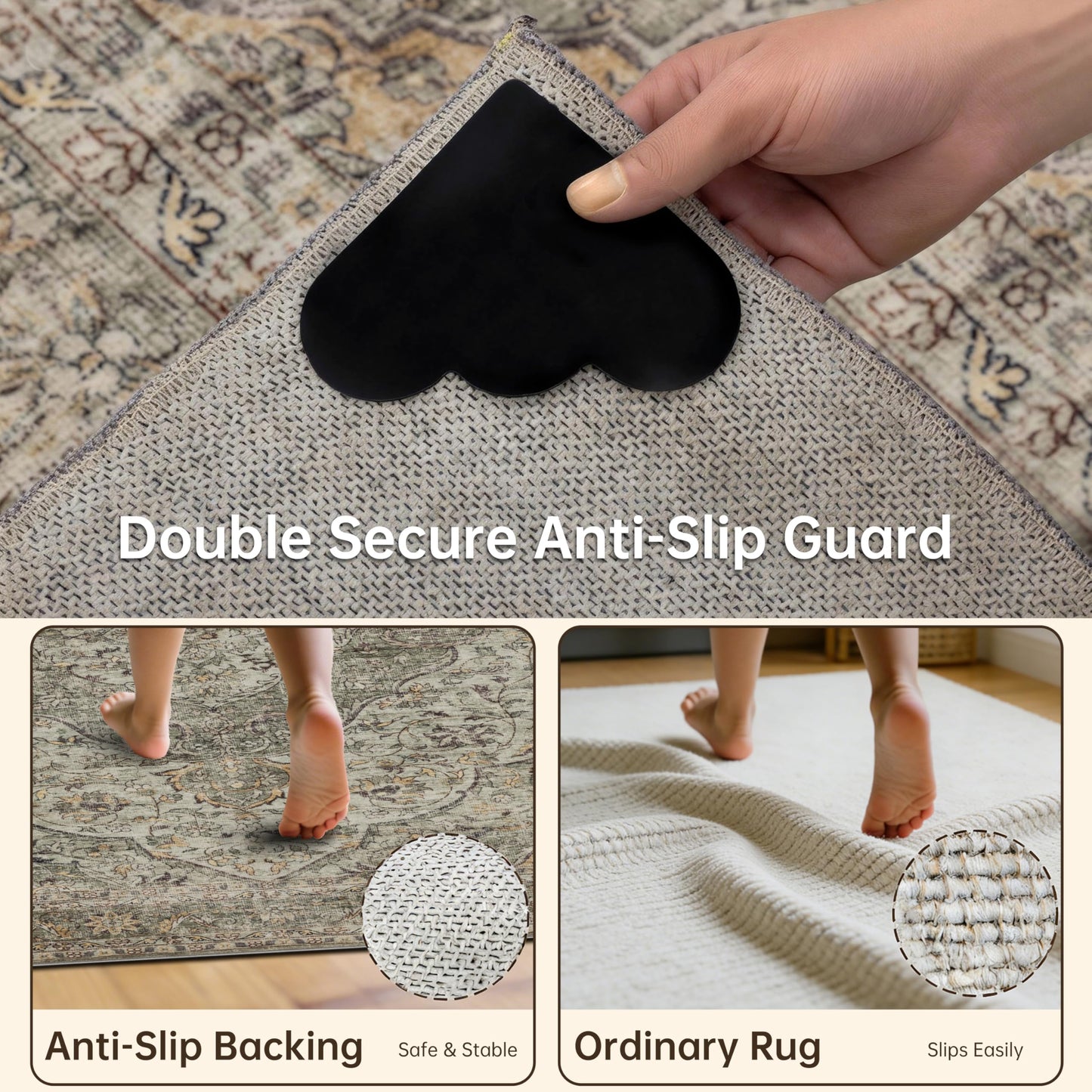 Green 4x6 Area Rugs for Living Room, Boho Vintage Washable Rugs with Non-Slip Backing, Low Pile Retro Soft Carpet for Bedroom, Study Room, Home Office, Dining Room, Olive Green Taupe