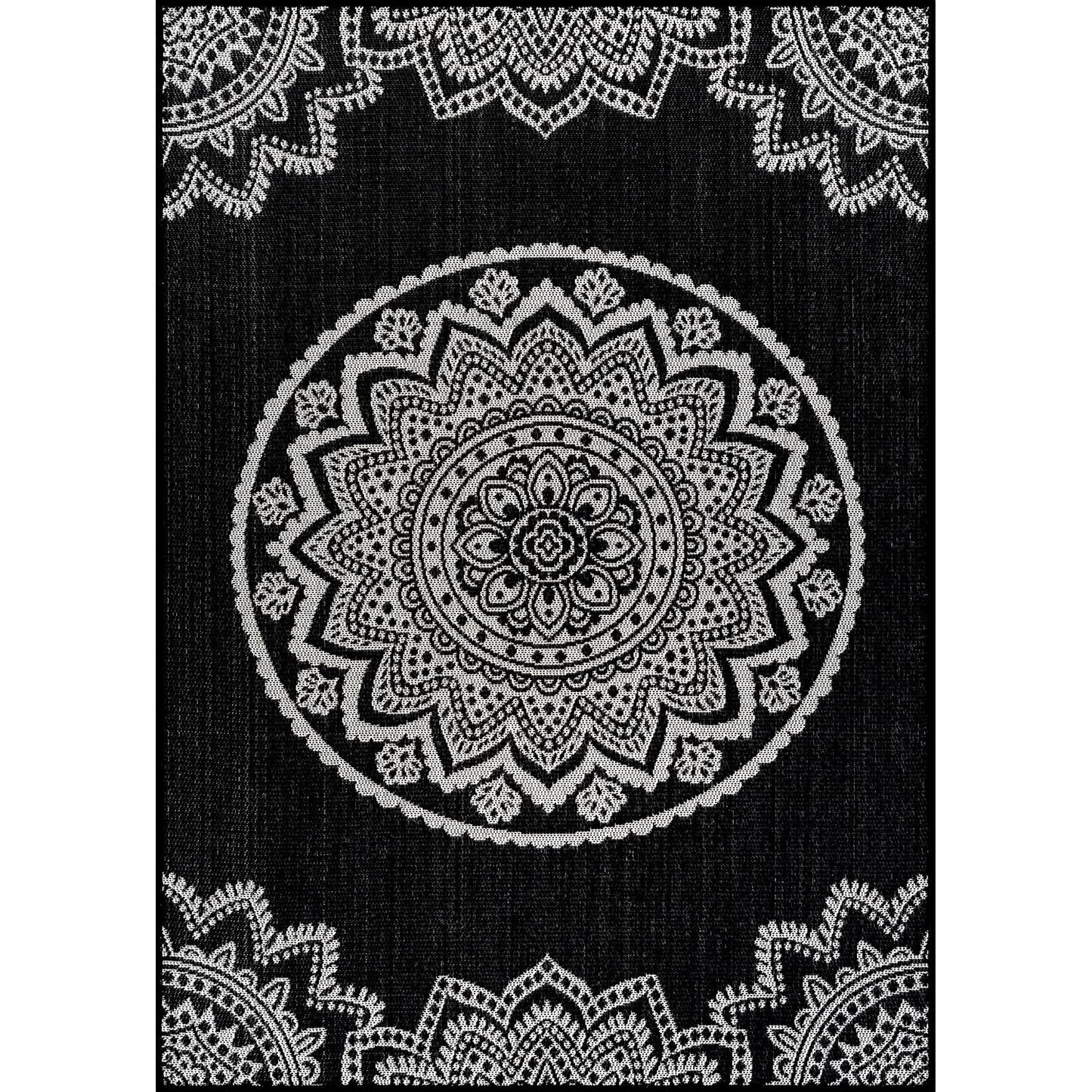 CAMILSON Outdoor Rug 10x14 Modern Large Area Rugs for Indoor and Outdoor Patios and Porches - Washable Non-Shedding Easy-to-Clean Outside Carpet (10 x 14 Medallion - Black/White)