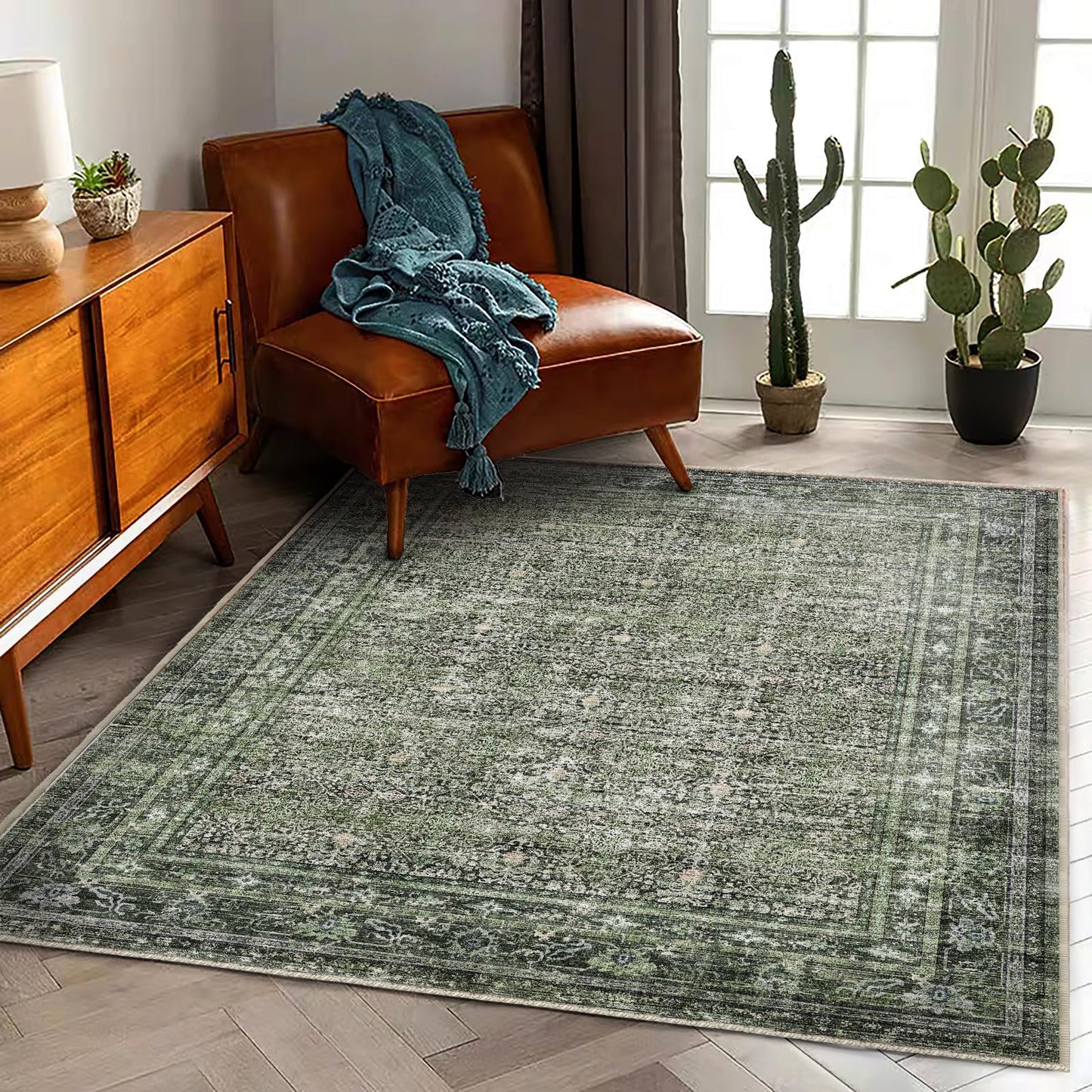 CHAMPLANT Washable Area Rug 4'x6' Traditional Floor Cover Foldable Thin Rugs Retro Kitchen Indoor Distressed Non Slip Carpet Floral Print Mat Bedroom Living Room