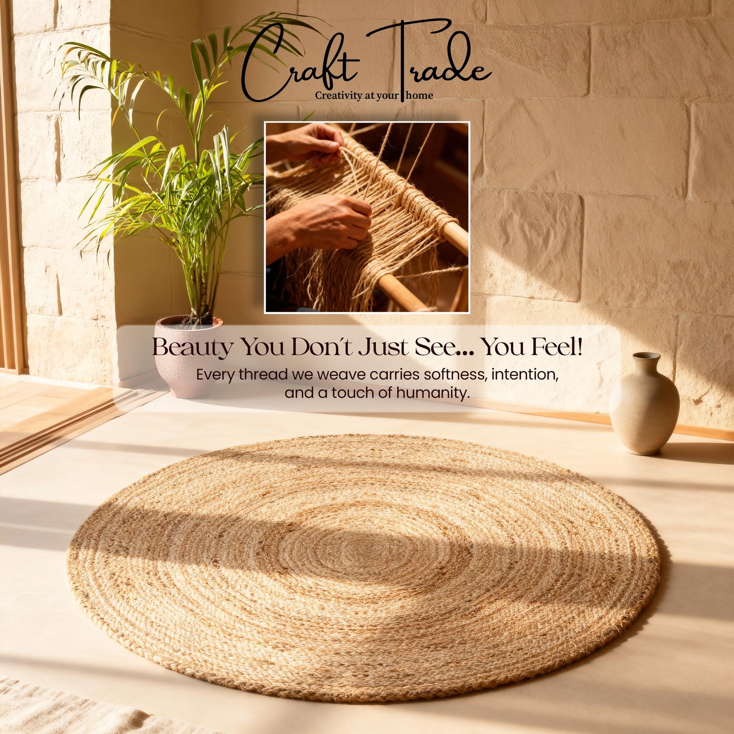 Craft Trade 5 Ft Braided Round Jute Rug – Natural Fiber Handwoven Carpet for Living Room, Bedroom & Entryway – Eco-Friendly, Durable, Rustic Boho Floor Decor (Beige/Natural)
