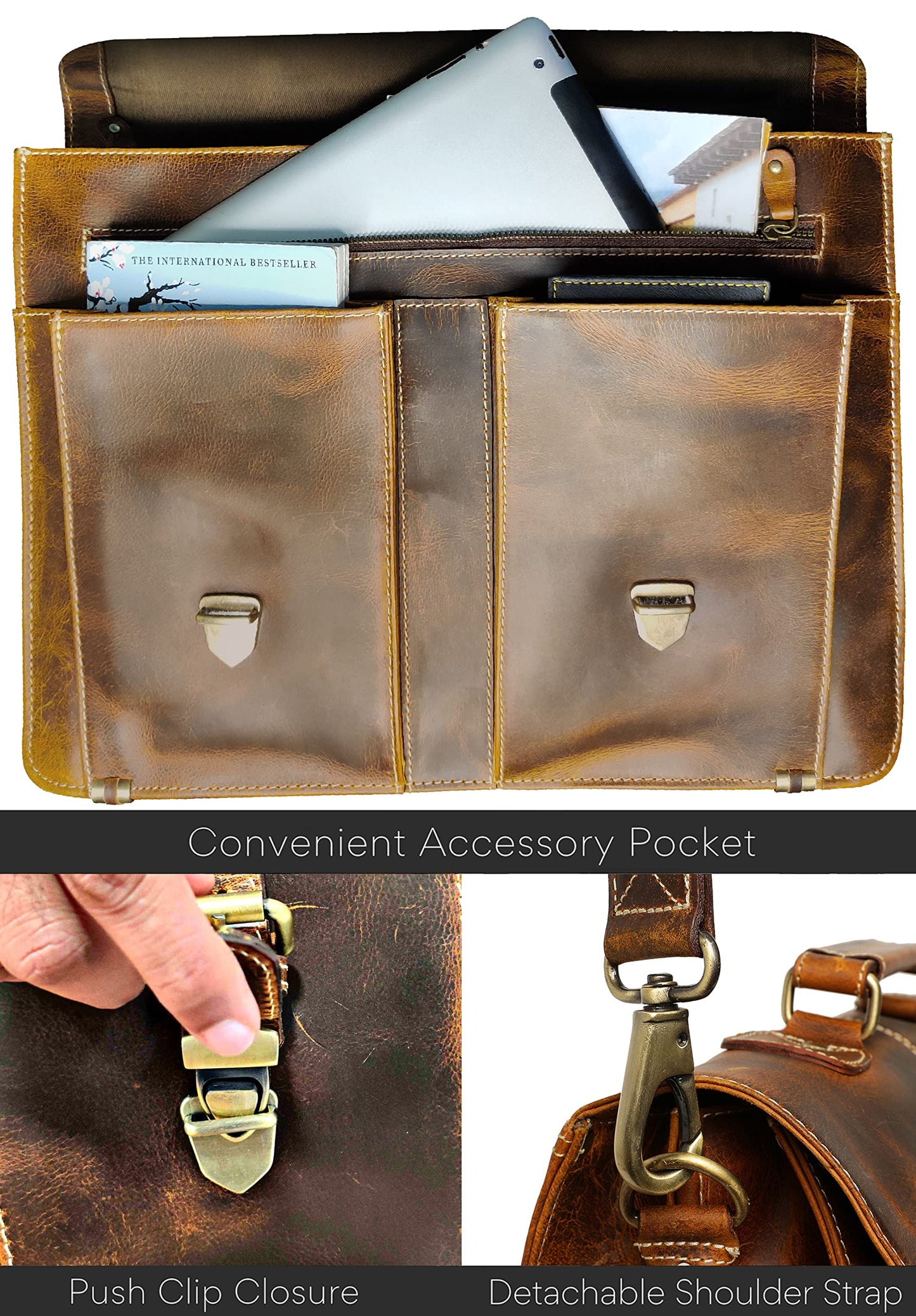 RUSTIC TOWN Handcrafted 16-inch Brown Leather Shoulder Briefcase Messenger Bags Men's 15.6 inch Laptop Satchel