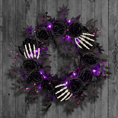 National Tree Company, 24inch Artificial Bad to The Bone Halloween Wreath, 30 Purple LED Lights,