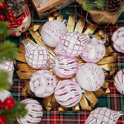 16PCS Shatterproof Christmas Ball Ornaments Set, Hand-Painted Holiday Decor with Assorted Sizes & Designs for Christmas Tree Thanksgiving Party Decoration, Pink-White