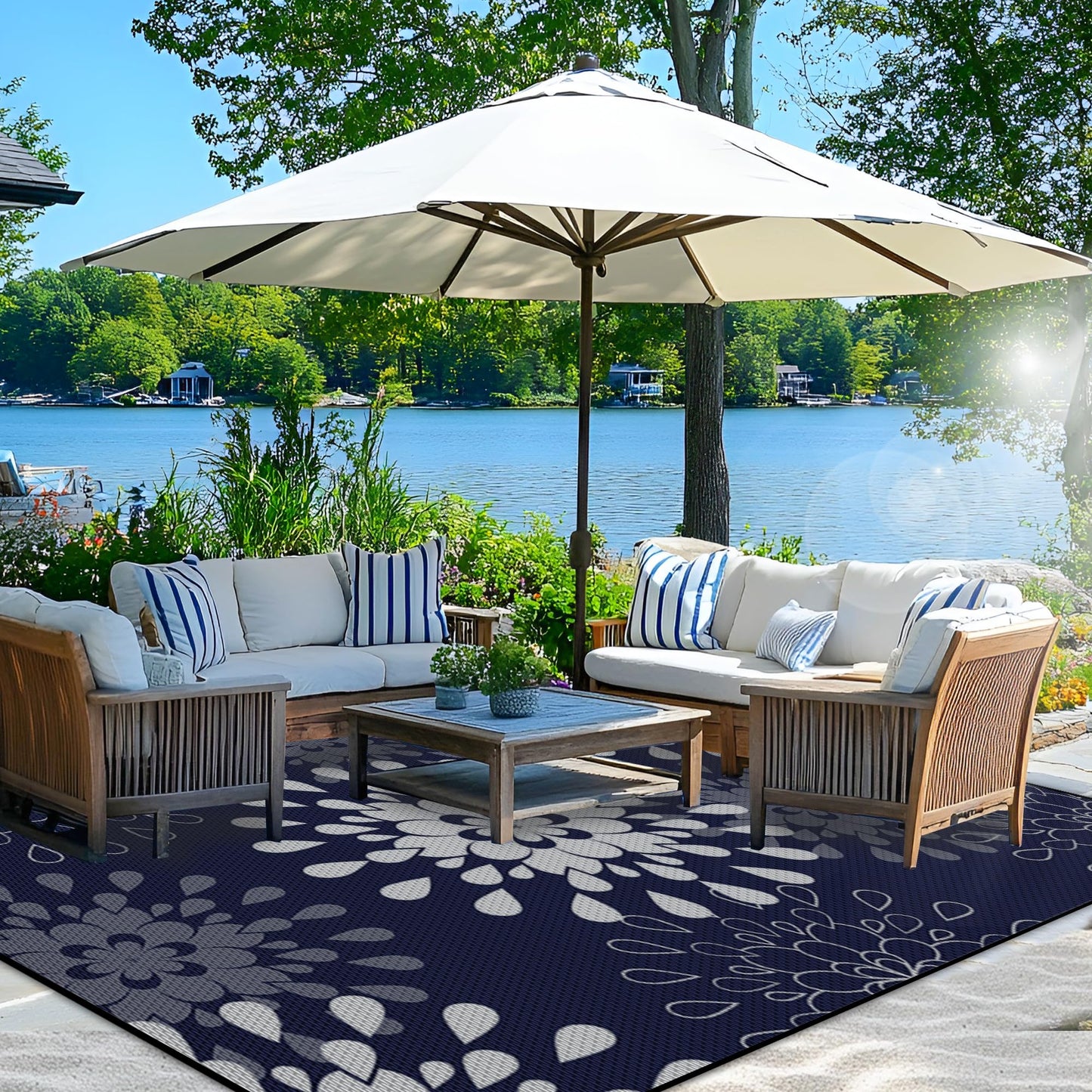 Wallona Outdoor Rugs 5x8 ft Patio Waterproof Clearance Indoor Outdoor Carpet for Patio Plastic Straw Reversible Area Rugs Mat for RV, Camping, Balcony, Beach, Picnic, Porch, Flower Blue & White