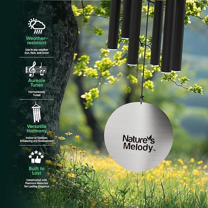 Nature’s Melody Aureole Tunes Wind Chimes – Outdoor Windchime with 6 Tubes Tuned to C Pentatonic Scale, 100% Rustproof Aluminum, Powder Finish & S Hook Hanger for Sympathy, Memorial Gift or Zen Garden