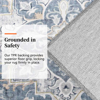 TTelephant 6x9 Area Rugs for Living Room, Soft Non-Slip Vintage Medallion Rug, Low-Pile Printed Washable Blue Gray Rug for Living Room, Bedroom, Dining Room, Nursery -Blue/Gray