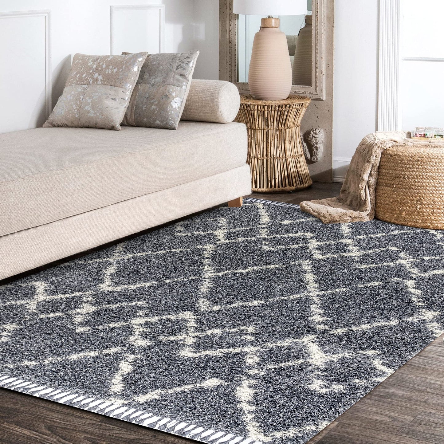 JONATHAN Y Mercer Shag Plush Tassel Blue/Cream Indoor Area Rug, 8x10, Moroccan Geometric Trellis, Contemporary, Easy-Cleaning for Living Room, Bedroom, Kitchen, Pet Friendly, Non-Shedding (MCR102A-8)