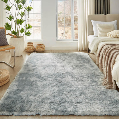 Floralux Rugs for Living Room, 6x9 Large Shag Area Rug, Tie-Dyed Light Grey Soft Fluffy Carpets for Bedroom