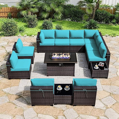 ALAULM 13 Pieces Patio Furniture Set with Fire Pit Table Outdoor Sectional Sofa Sets Outdoor Furniture 43" Gas Fire Pit CSA Approved PE Rattan Patio Conversation Set w/10 Seat Cushions (Blue)