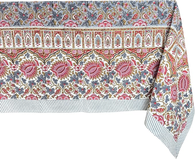 ATOSII Bella 100% Cotton Square Summer Tablecloth, Indian Block Print Floral Table Cloth I Dining Parties Weddings Outdoors Holidays 60 X 60 Inches, 4 Seater I Grandmillennial Farmhouse Boho