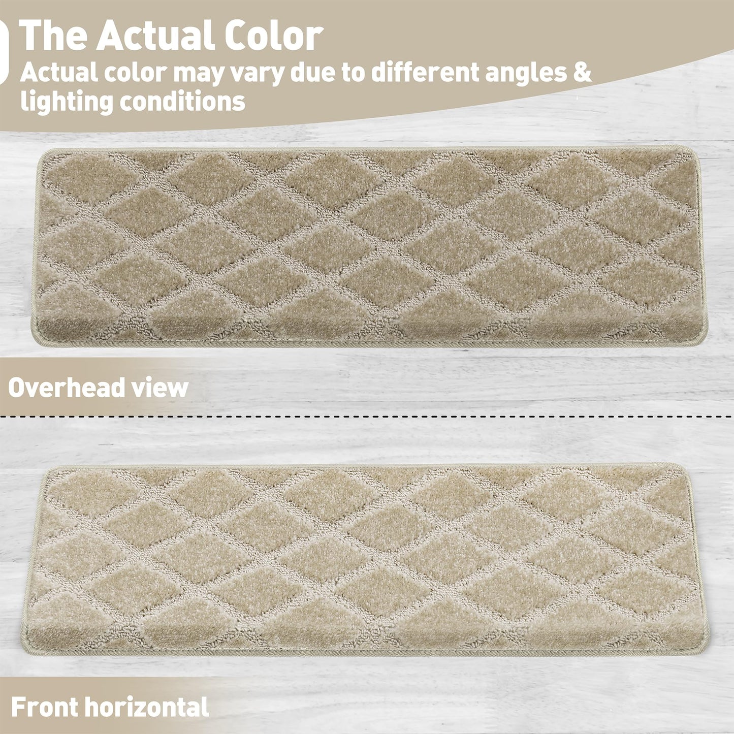 PURE ERA Bullnose Carpet Stair Treads Tape Free Non-Slip Indoor Stair Protectors Pet Friendly Stair Treads for Wooden Steps 9.5" x 30"(14 Pieces, Cream Gray Diamond Trellis)